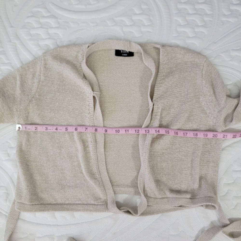 VICI Beige V Neck Long Sleeve Wrap Knit Cardigan Sweater Cropped Long Tie Large - Picture 9 of 10